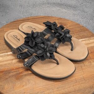 Clarke Women's Elizabelle Mae Floral Black Leather Sandals Size 8